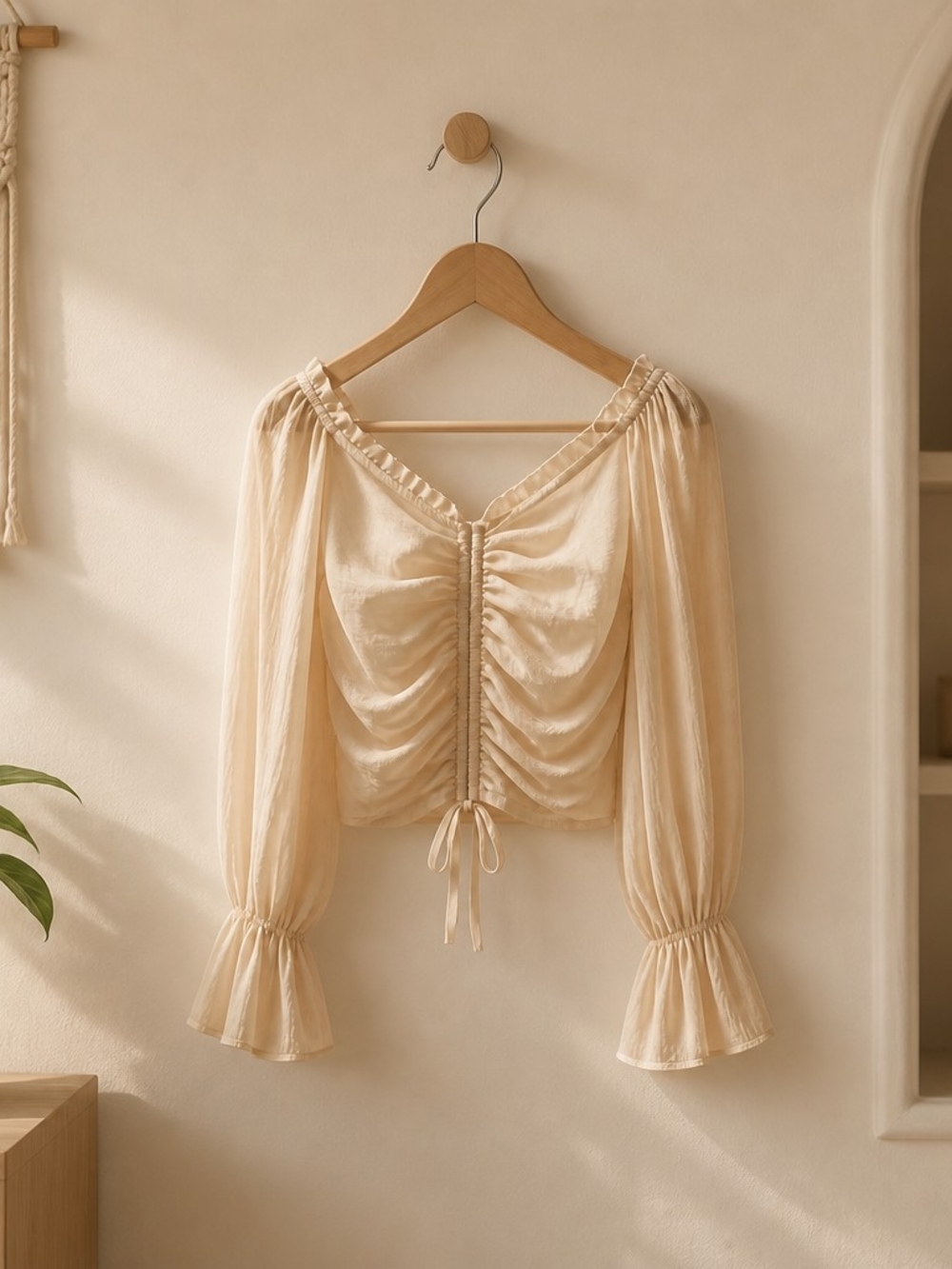 Women's Cream Ruched Drawstring Peasant Top
